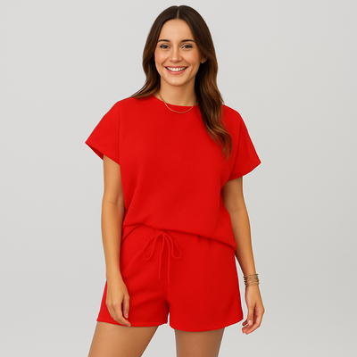 Elegantes 2-teiliges Set für Damen – Kurzarm-Crop-Top mit passenden Shorts