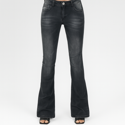 Sophia – Damen-Bootcut-Schlagjeans mit niedriger Taille aus einfarbigem Stretch-Denim