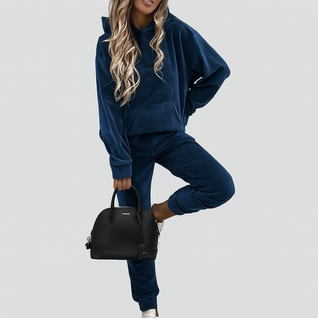 Damen Freizeitanzug 2-teilig – Unifarbener Kapuzenpullover mit Kängurutasche & schmal geschnittene Jogginghose