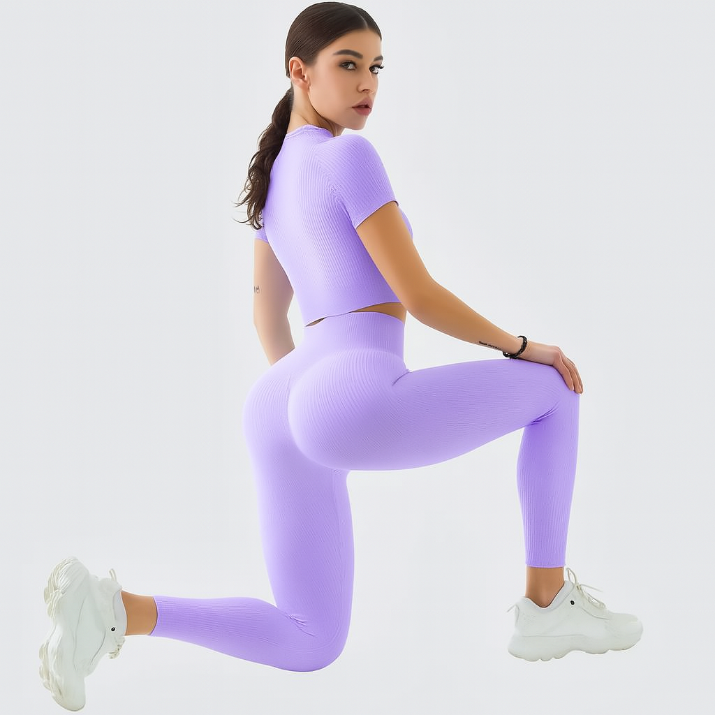 Damen Sportset 2-teilig – Kurzarm Top & High Waist Leggings für Yoga & Pilates