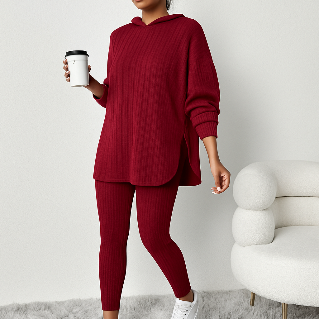 Damen Zweiteiler aus Rippstrick – Kapuzenpullover mit langen Ärmeln & Skinny Hose – Lässiges Freizeit-Outfit