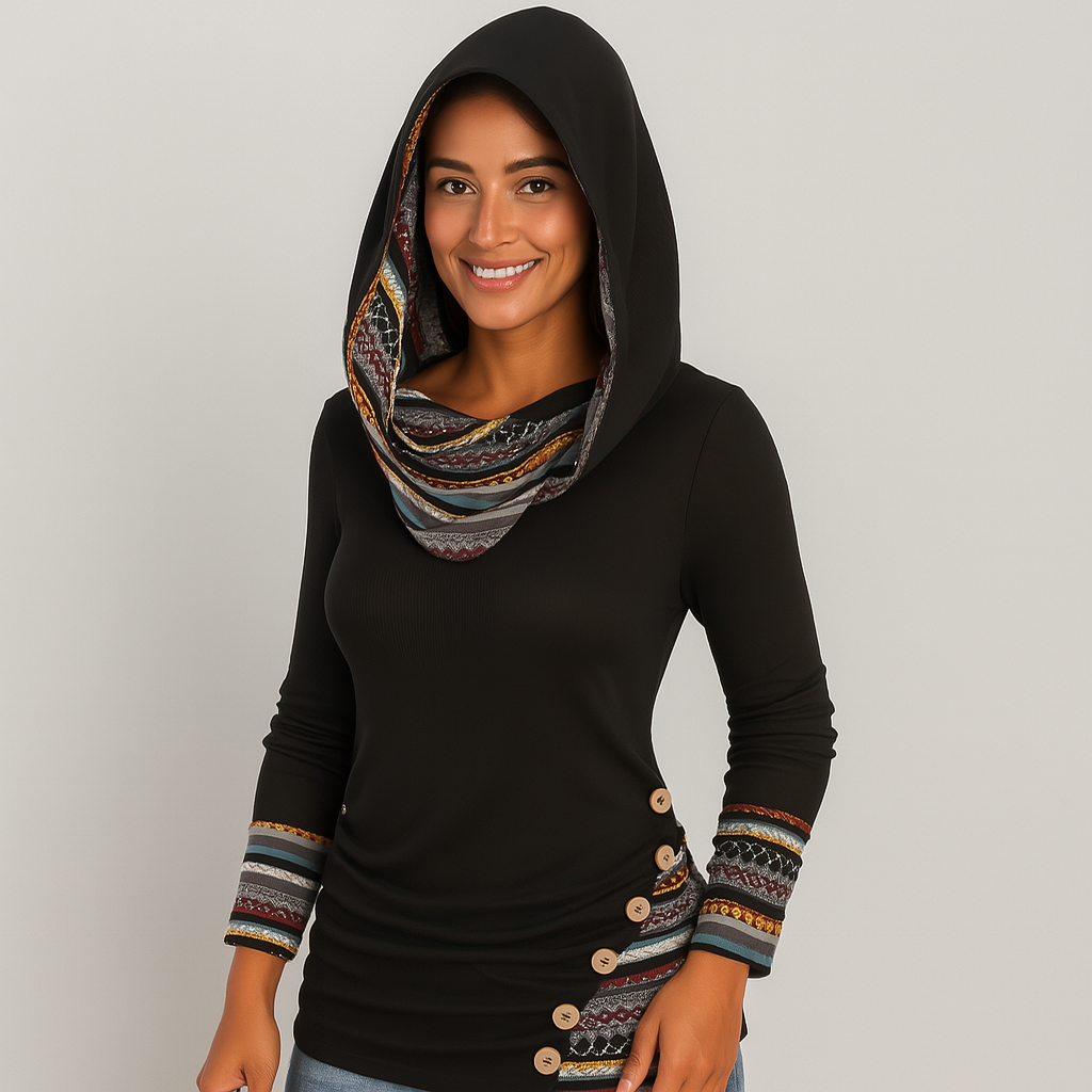 Damen Kapuzenpullover mit Ethno-Streifen – Langarm Hoodie im Patchwork-Stil