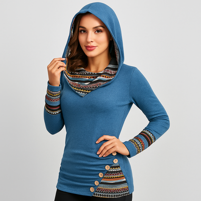 Damen Kapuzenpullover mit Ethno-Streifen – Langarm Hoodie im Patchwork-Stil