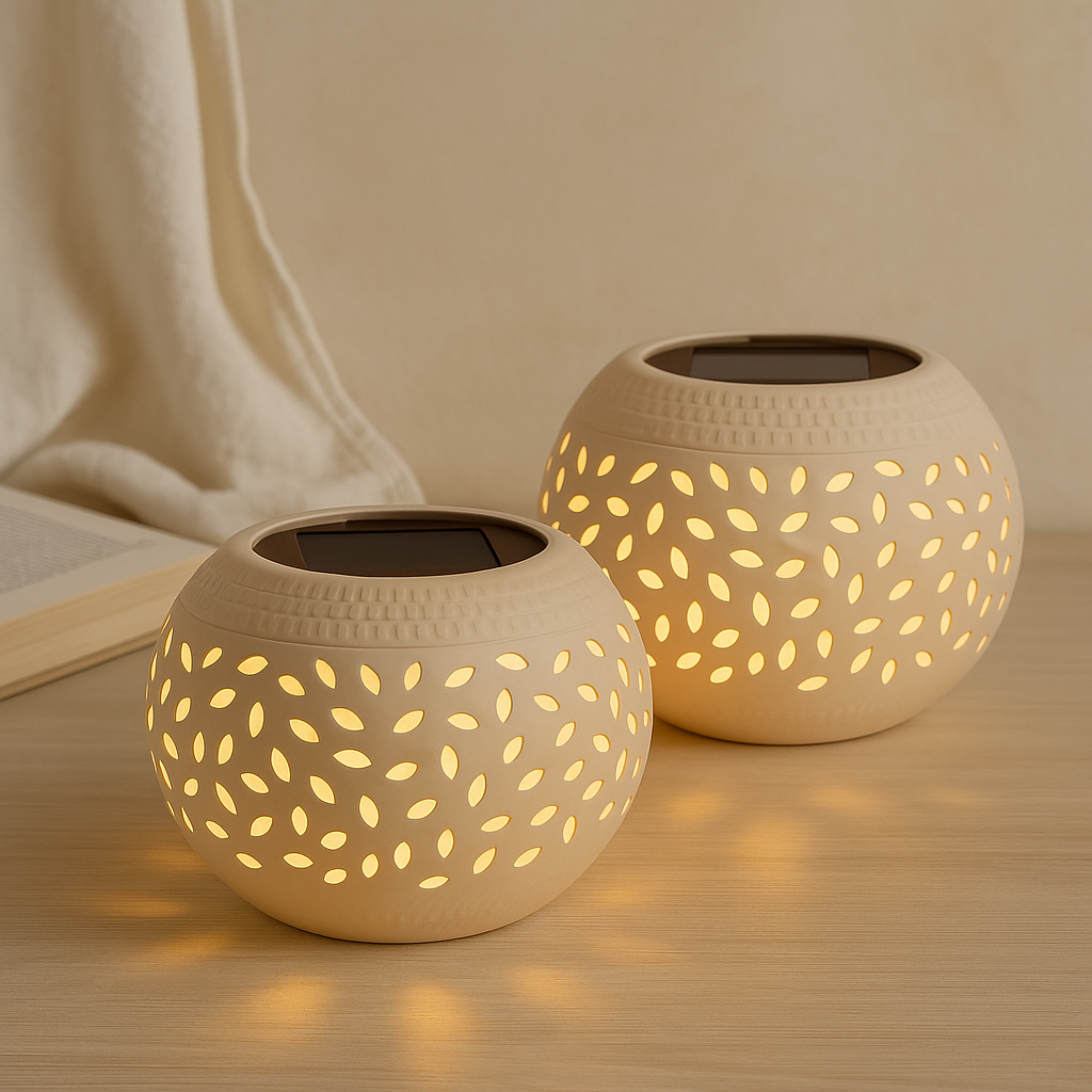 LumaWeave – Solarbetriebene Tischlampe mit geöstem Muster