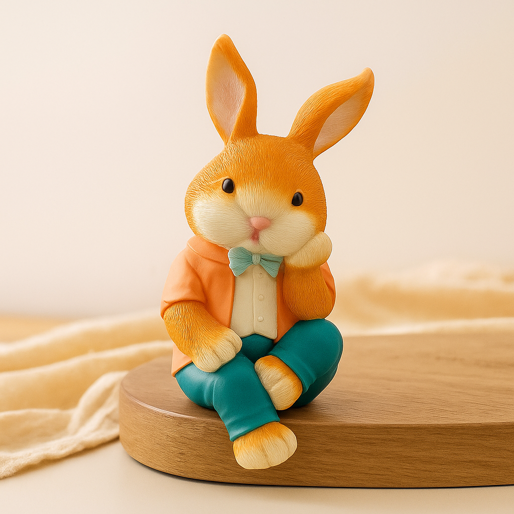 WhimsiBunny – Sitzende Kaninskulptur für spielerische und moderne Schreibtisch- oder Regaldekoration