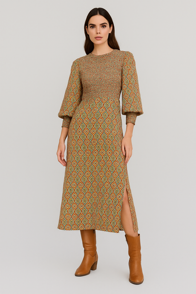 Elodie Casual lang bedrucktes Kleid mit Ballonärmeln