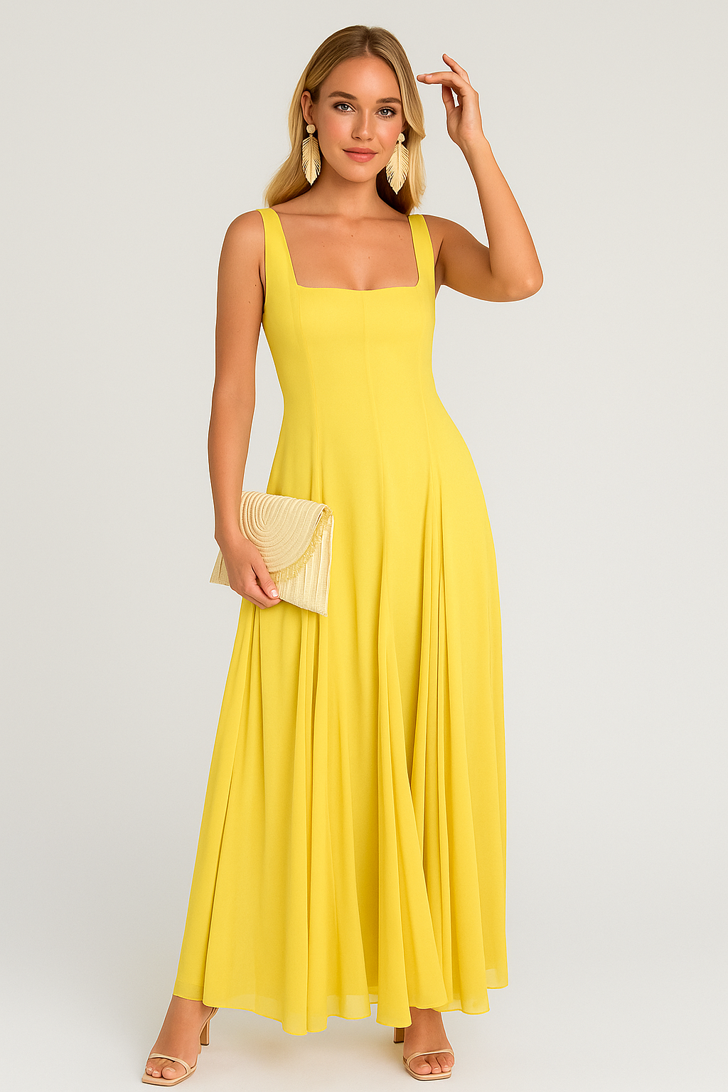 Elora Boho-Chic Lange Sommerkleid mit Trägern und quadrilliertem Halsausschnitt