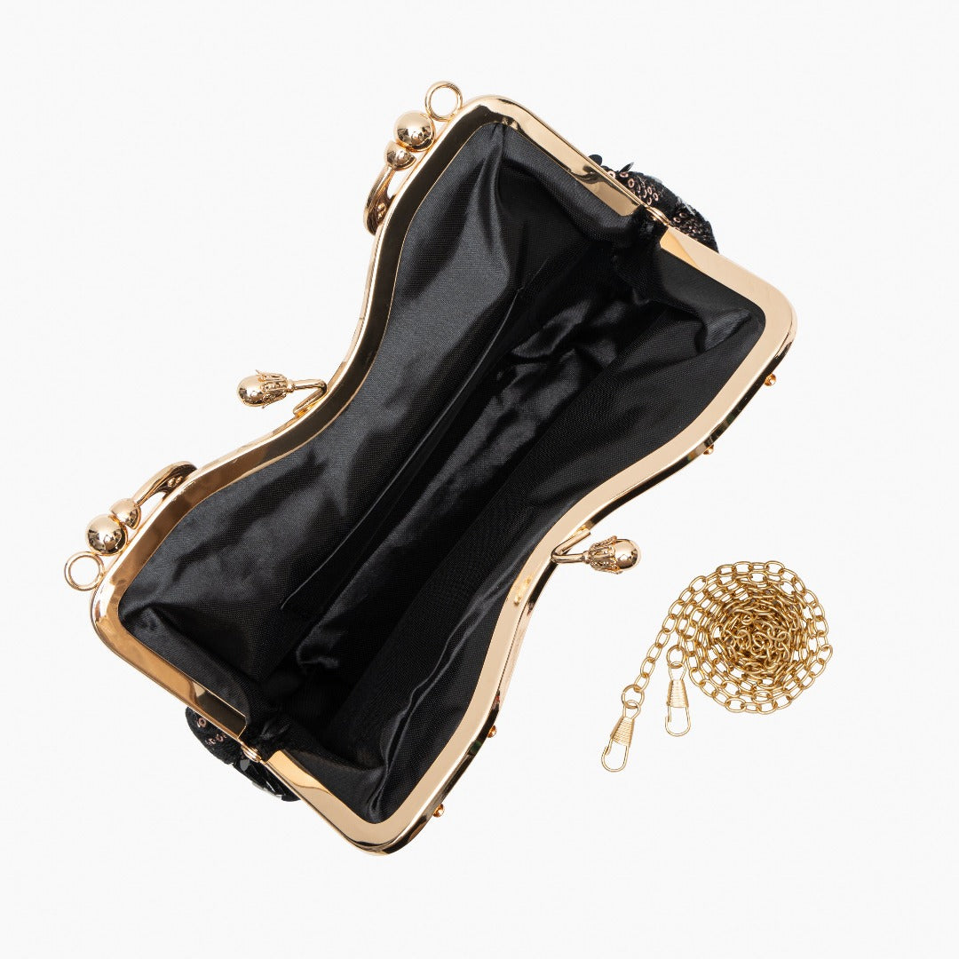Alyannah | Navyblaue Samt-Clutch mit goldenen Pailletten & verziertem Griff – Elegante Abendtasche für Damen