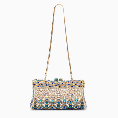 Aubrielle | Kristallverzierte Clutch in Gold-Blau mit funkelndem Strass & Ornamentmuster – Abendtasche für Damen
