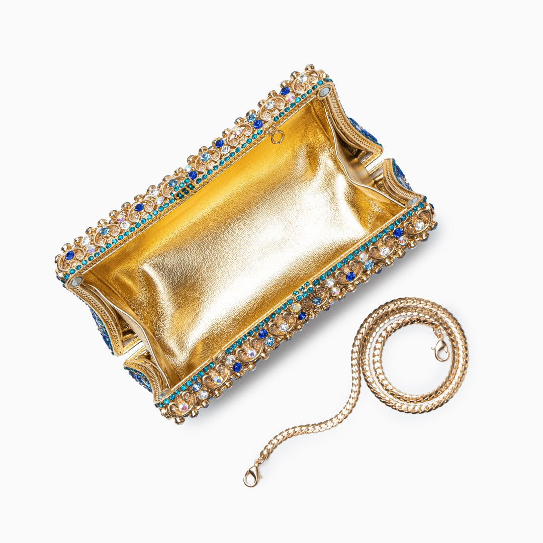 Aubrielle | Kristallverzierte Clutch in Gold-Blau mit funkelndem Strass & Ornamentmuster – Abendtasche für Damen