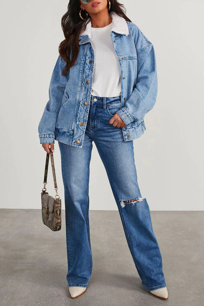 Avelena | Übergroße Fleece-Kragen Modische Jeansjacke Damen