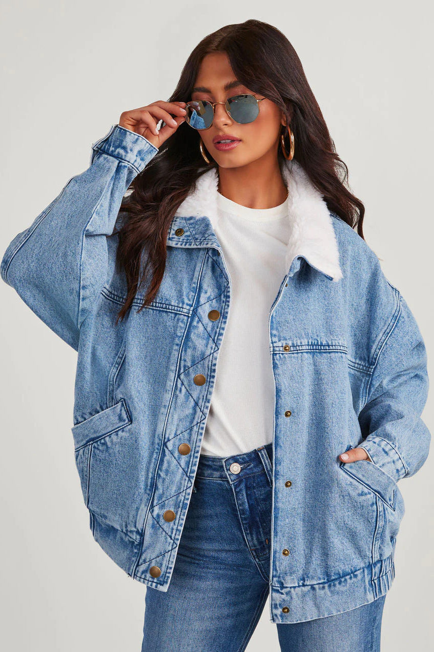 Avelena | Übergroße Fleece-Kragen Modische Jeansjacke Damen