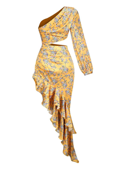 Asymmetrisches Maxikleid | Florales Muster & Rüschen | Elegante Leichtigkeit