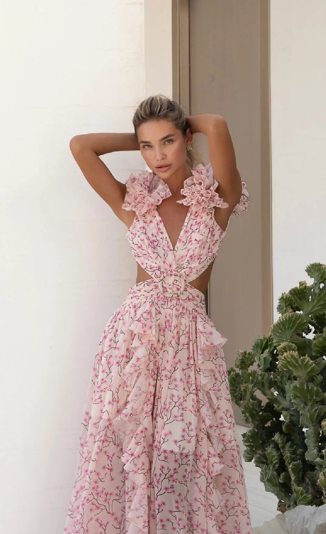 LYRA – Pink Cascade Maxi Dress
