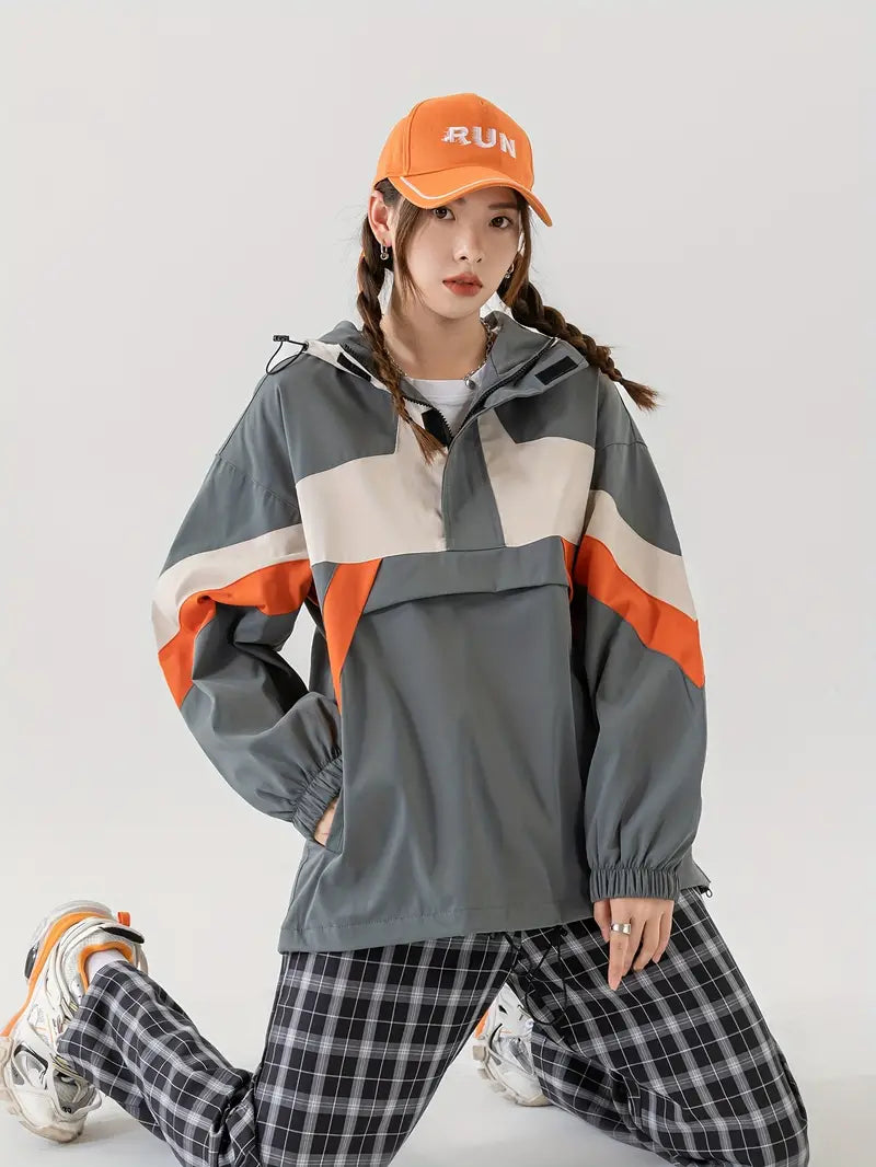 Avelena | Color Blocked Kapuzenjacke mit Kordelzug, Lässige Jacke mit Reißverschlusstasche