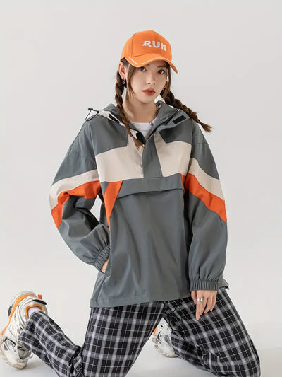 Avelena | Color Blocked Kapuzenjacke mit Kordelzug, Lässige Jacke mit Reißverschlusstasche