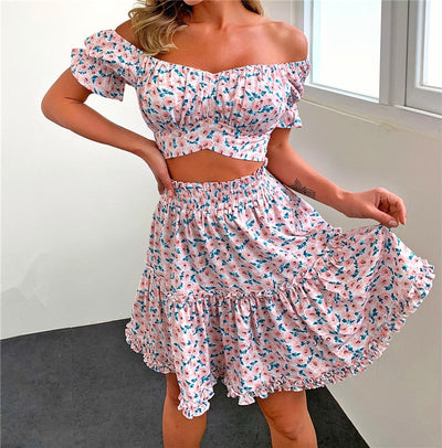 Zweiteiliges Sommerset | Off-Shoulder & Rüschen | Blumendesign