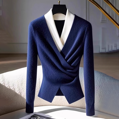Eleganter Wickelpullover | Kontrastkragen & Drapierung | Stilvolle Raffinesse