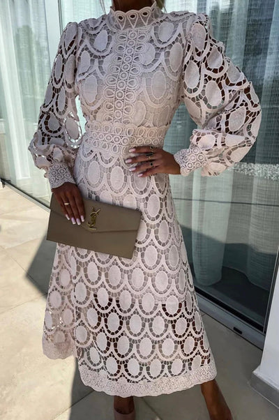 Elegantes Spitzenkleid mit Stehkragen & transparenten Details