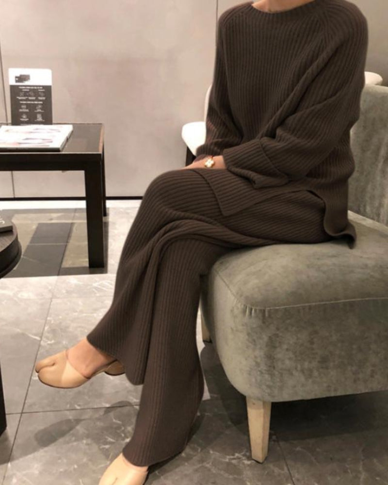 Camila | Rippenstrick Weites Bein Schlaghosen & Pullover Zweiteilig Lounge-Set