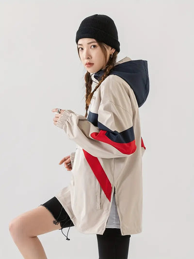 Avelena | Color Blocked Kapuzenjacke mit Kordelzug, Lässige Jacke mit Reißverschlusstasche