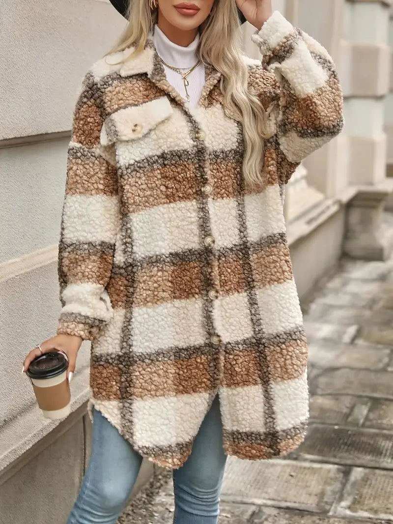 Avelena | Sherpa-Mantel mit Gingham-Knopfleiste, Lässig, Langärmelig