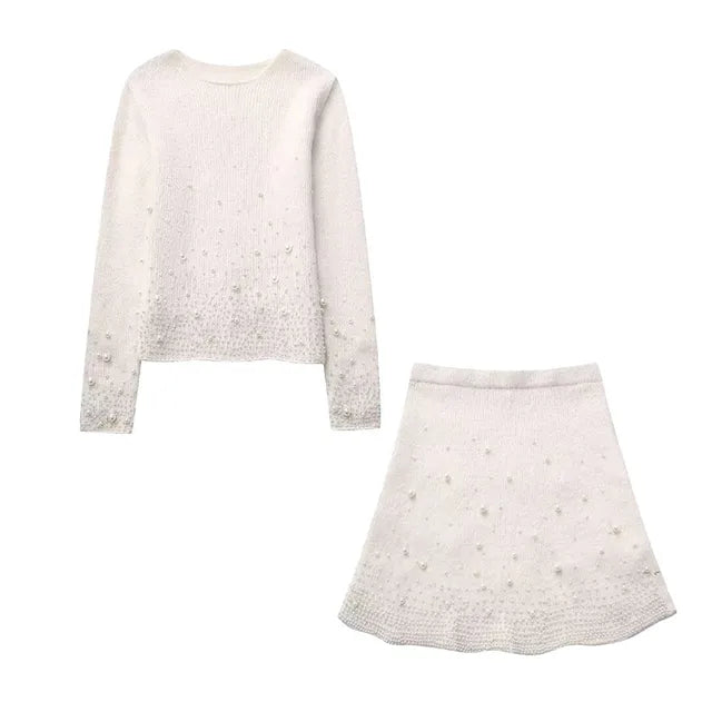 Zweiteiliges Perlenpullover- und Rock-Set | Eleganz und Raffinesse | Femininer Stil