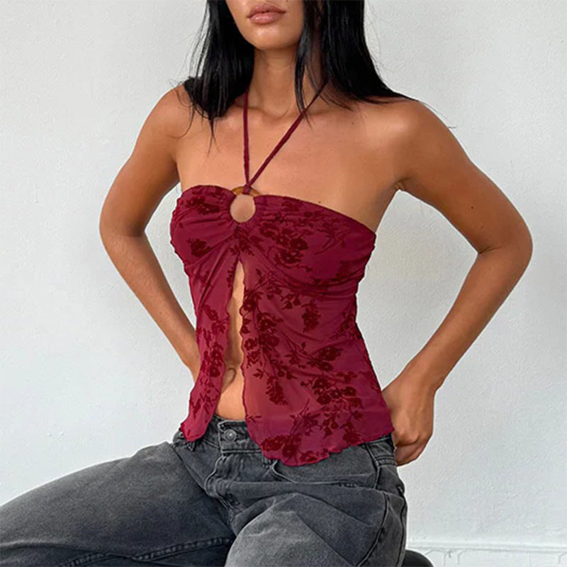 Zafira - Floral Flock Halterneck Top in Grunge Style