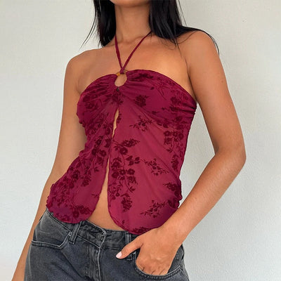 Zafira - Floral Flock Halterneck Top in Grunge Style