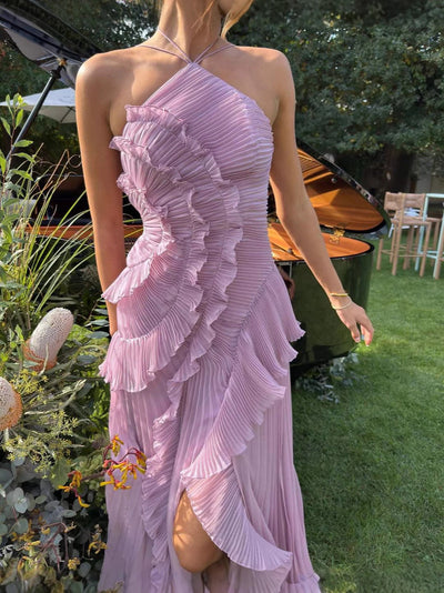 Yuna | Pailletten Maxikleid V-Ausschnitt Halterneck Abendkleid