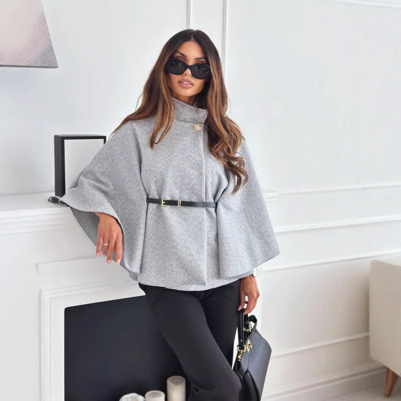 Kamila | Hoher Kragen Knopfverschluss Stilvolles Wollcape mit Gürtel