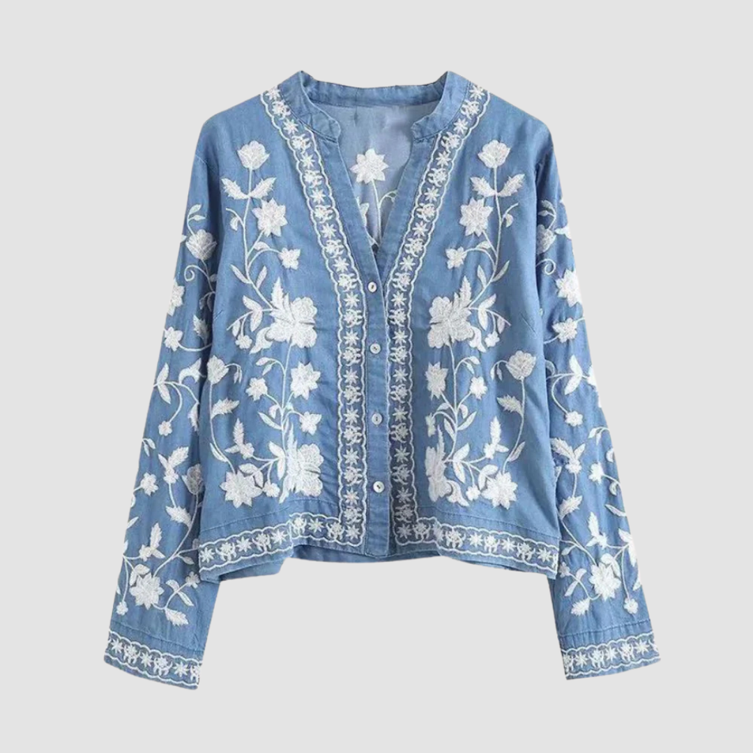 Bohemian Damen Strickjacke mit eleganter Blumenstickerei - Vaenithea