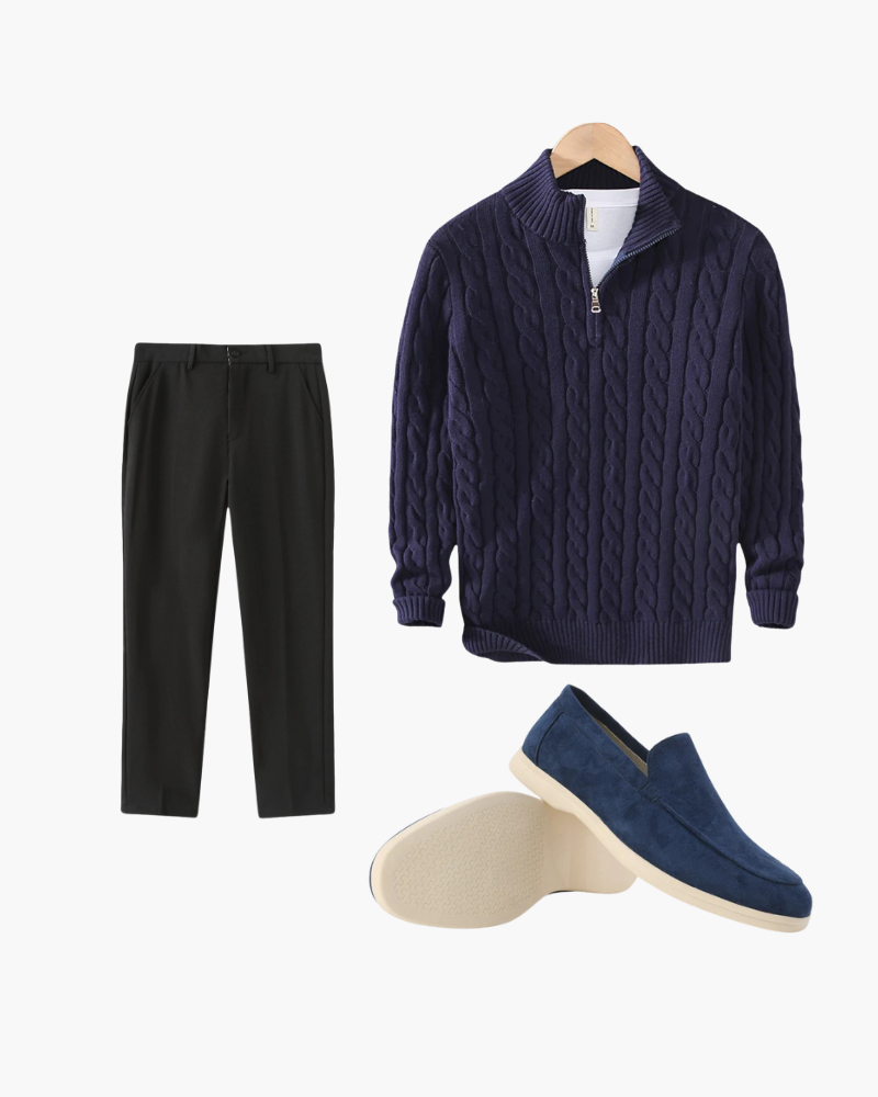 Carson |  Marineblau Zopfmuster-Pullover 3-teiliges Set mit hose & Wildleder-Loafer