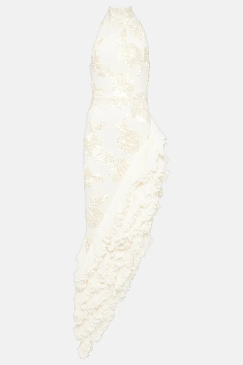 Asymmetrisches Abendkleid | Florale Stickerei & Volantdetails | Elegante Raffinesse