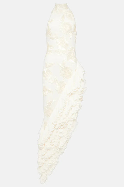 Asymmetrisches Abendkleid | Florale Stickerei & Volantdetails | Elegante Raffinesse