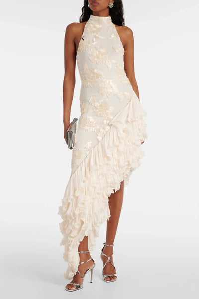 Asymmetrisches Abendkleid | Florale Stickerei & Volantdetails | Elegante Raffinesse