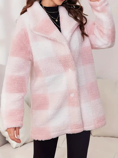 Avelena | Karomuster Teddy Mantel Lässige Eleganz mit Wasserfallkragen