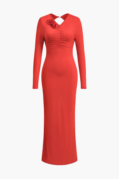 Clothilde | Elegantes Rückenfrei Langarm-Maxikleid mit Blumendetail