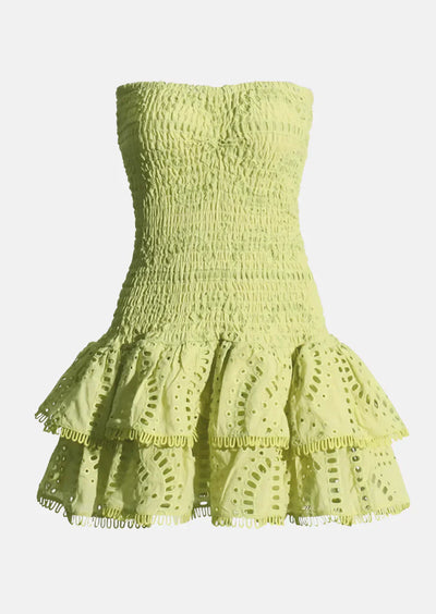 Schulterfreies Midikleid | Lochstickerei & Rüschendetails | Romantische Eleganz