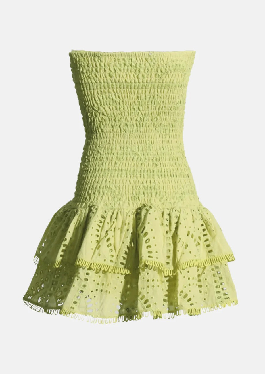 Schulterfreies Midikleid | Lochstickerei & Rüschendetails | Romantische Eleganz