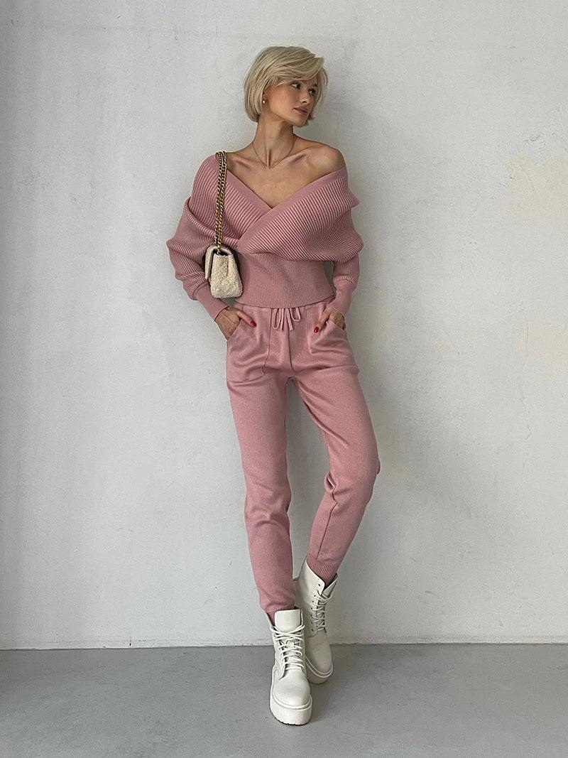 Avelena | Rippstrick Off-Shoulder Top Mit Hose