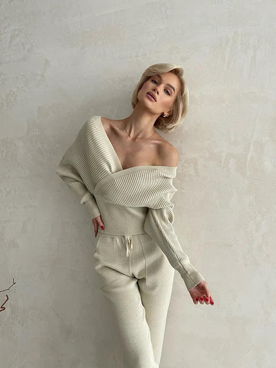 Avelena | Rippstrick Off-Shoulder Top Mit Hose