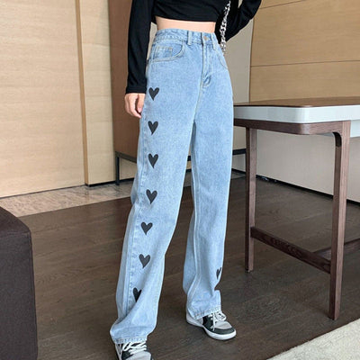 Avelena | Hosen Bequeme Denim Hose mit Weitem Bein und Romantischen Herzen