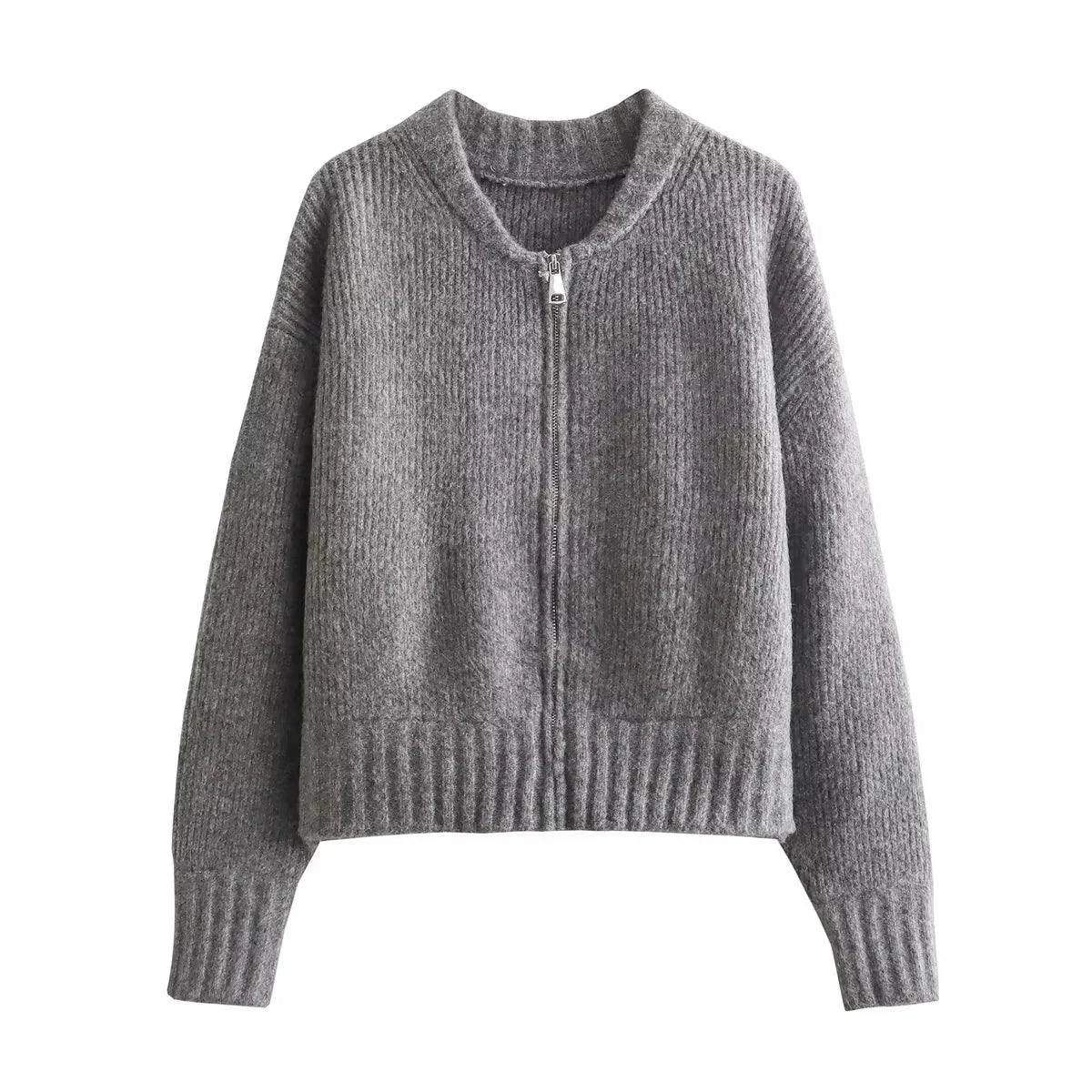 Lorna | Gerippte Rundhals-Strickjacke mit Reißverschluss