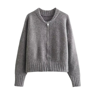 Lorna | Gerippte Rundhals-Strickjacke mit Reißverschluss