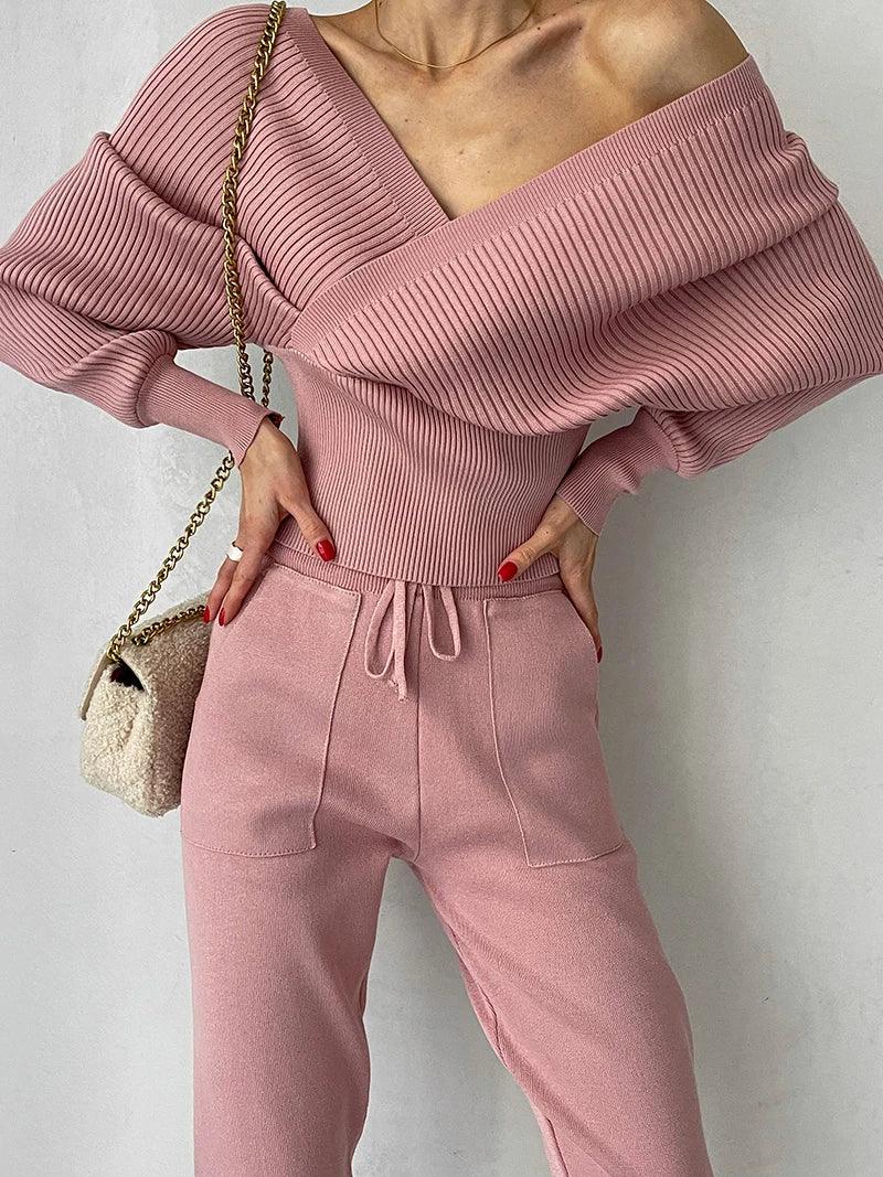Avelena | Rippstrick Off-Shoulder Top Mit Hose