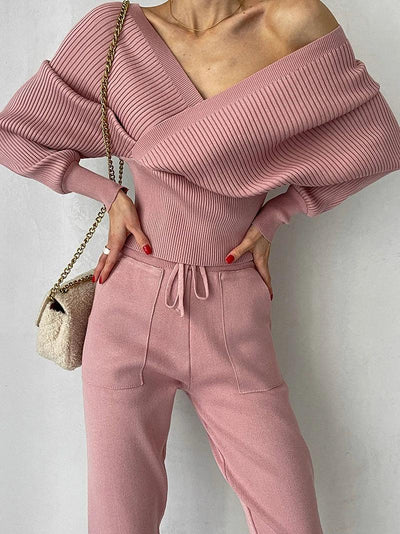 Avelena | Rippstrick Off-Shoulder Top Mit Hose