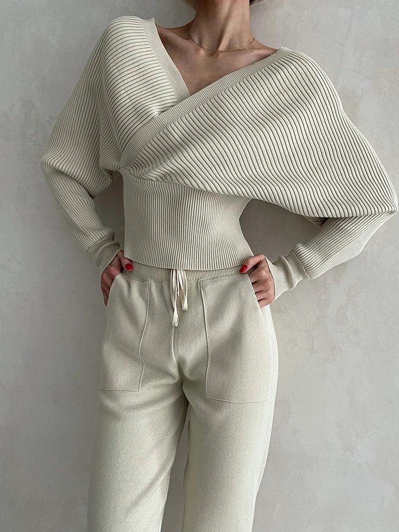 Avelena | Rippstrick Off-Shoulder Top Mit Hose