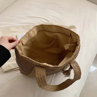 Boho Strandtasche Damen – Handgewebter Shopper mit Quaste & Reißverschluss