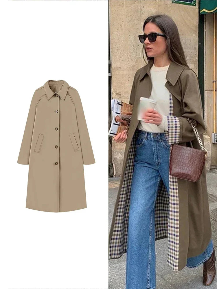 Farah | Langer Trenchcoat Mit Karofutter
